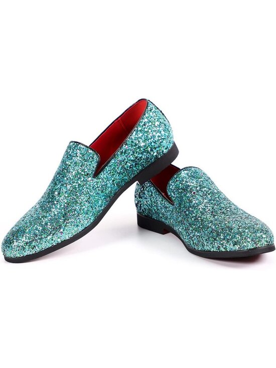 Men\'s Cyan Leather Glitter Sparkly Loafers Slip On Tuxedo Formal Events Shoes main image 2